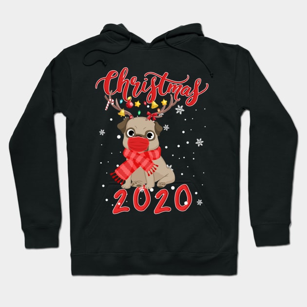 Cute Pug Dog Christmas 2020 Dog Wearing A Face Mask Hoodie by Christyn Evans